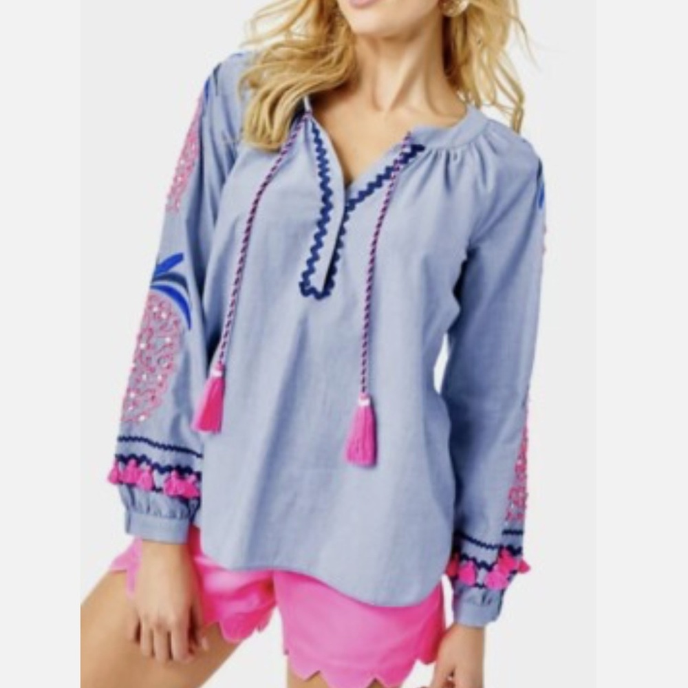Lilly Pulitzer Haddie Blue Chambray Blouse with Pink Accents